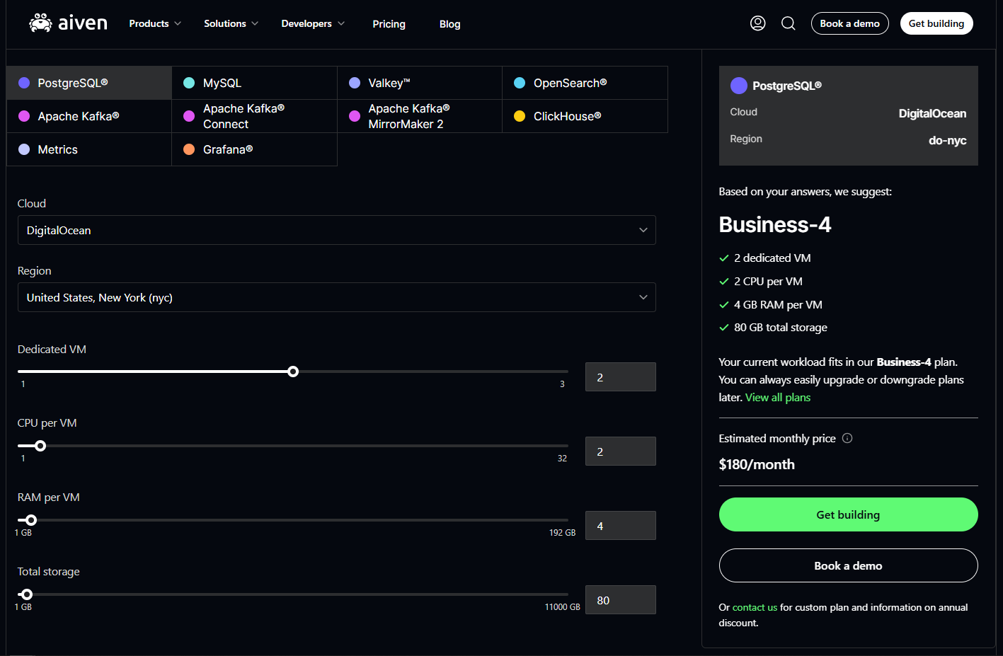 Aiven PostgreSQL pricing calculator asking for cloud, region, virtual machines, CPU, RAM and storage