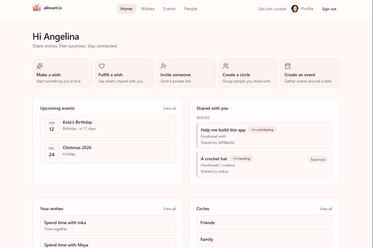 The built alliwant.is desktop home dashboard in its light theme