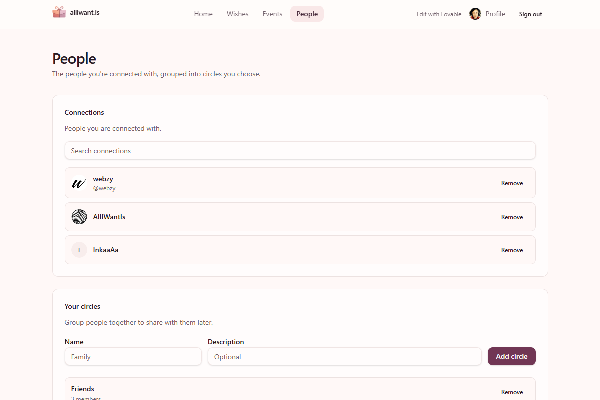 The built alliwant.is People screen with connections, removal actions, circles and a create-circle form