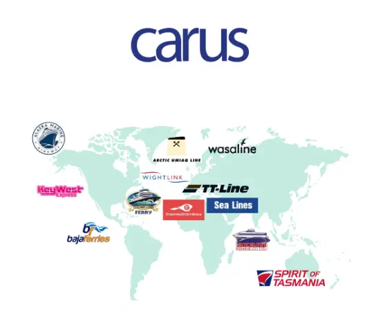 A world map with ferry and cruise operator logos