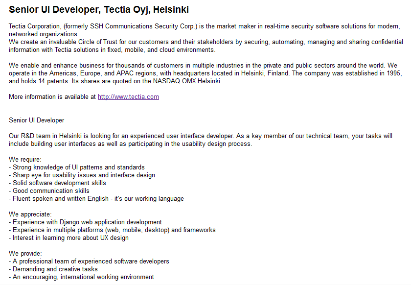 Original Tectia job post for a Senior UI Developer responsible for interfaces and usability design