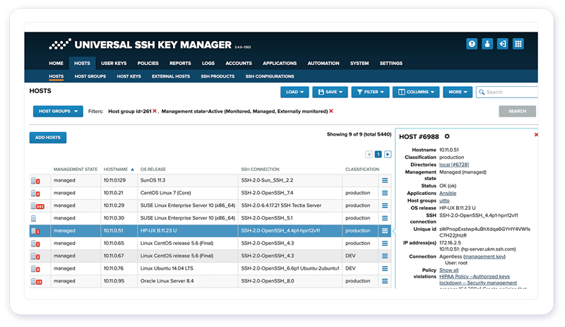 Universal SSH Key Manager interface showing enterprise hosts and detailed host information