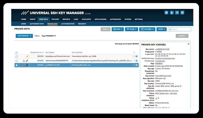 Modernised Universal SSH Key Manager screen showing a private-key table and detail panel