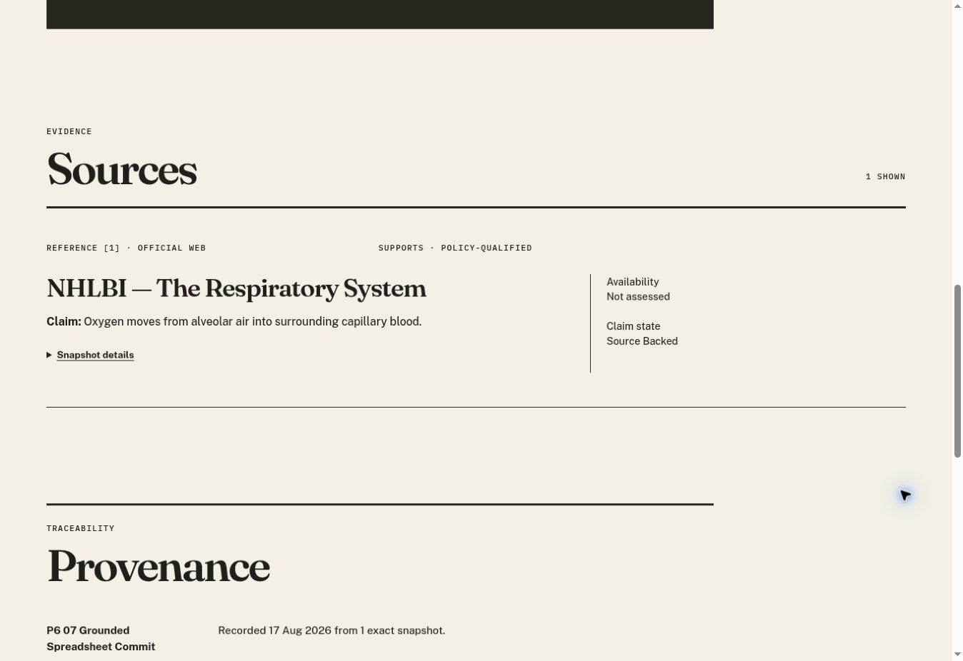 A live WEBZY answer showing its source, supporting claim and provenance section