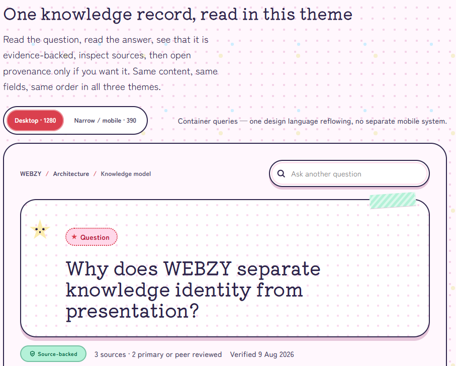The same WEBZY knowledge record rendered as a Kawaii stationery playground