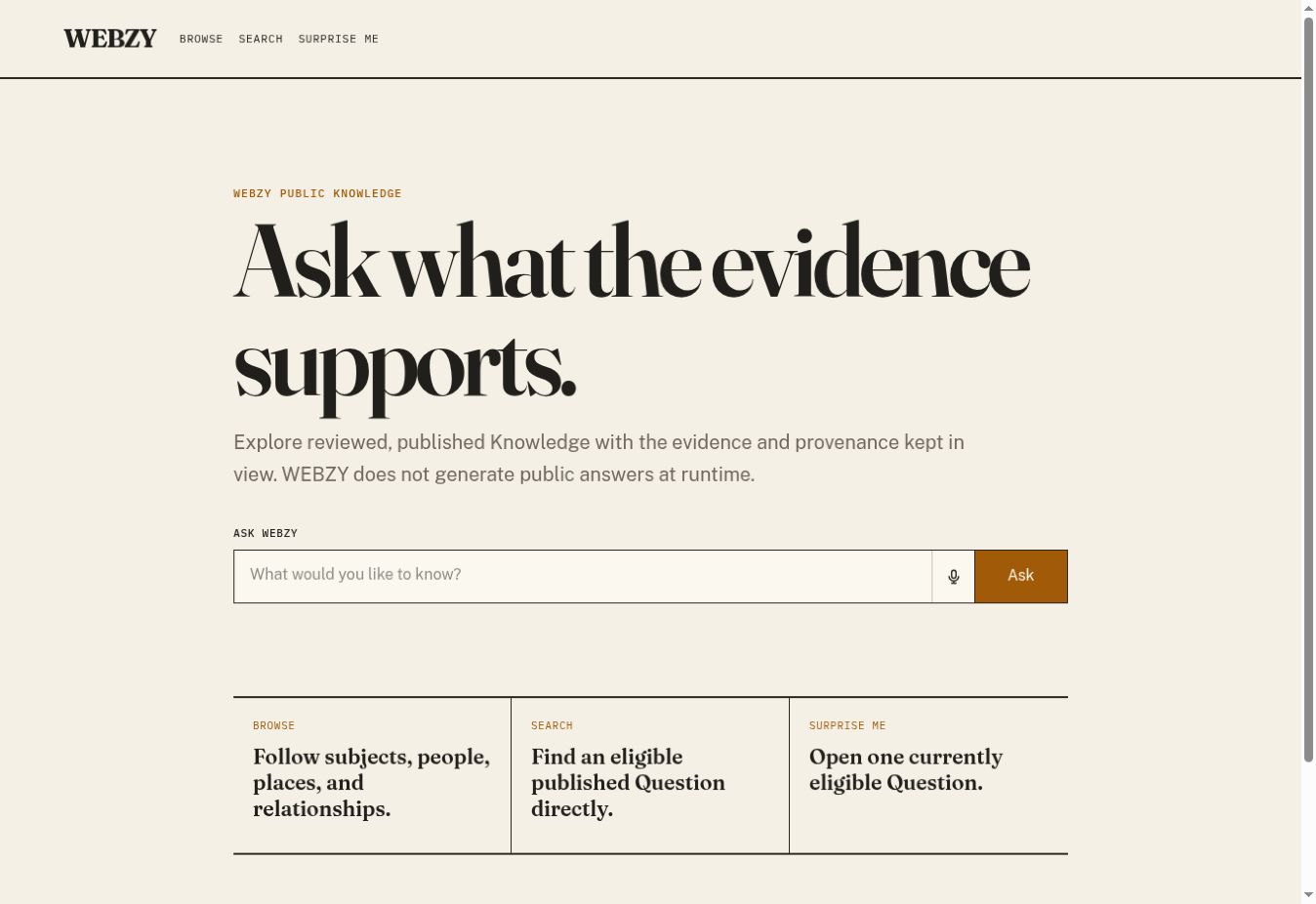 WEBZY public homepage with the headline Ask what the evidence supports and a question field