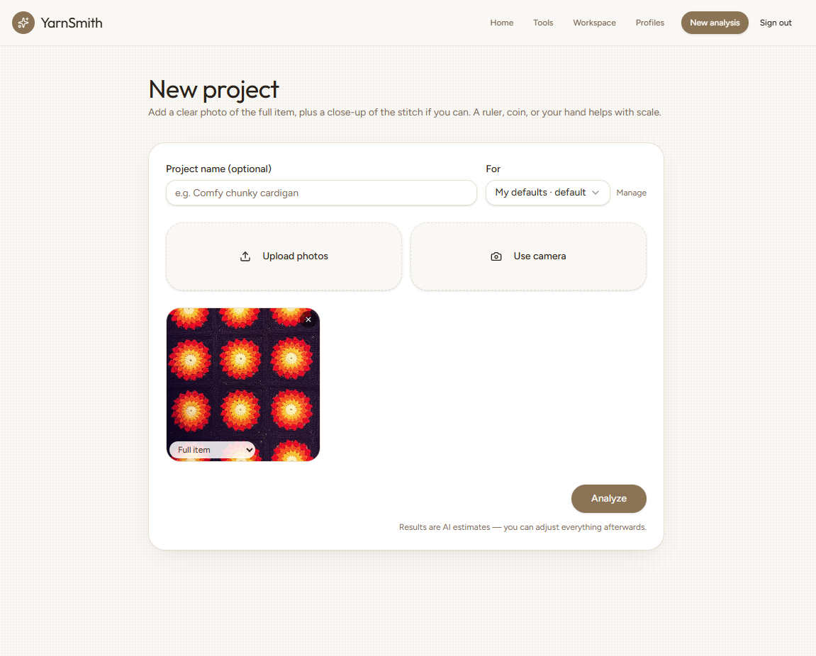 YarnSmith new project page with a crochet photo ready for analysis