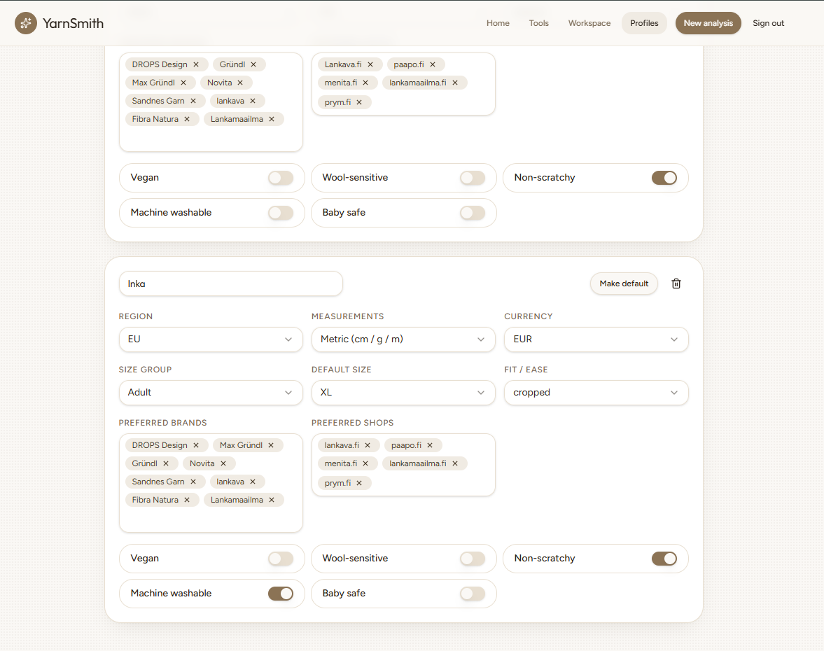 YarnSmith profile settings for region, measurements, size, fit, brands, shops and fibre preferences