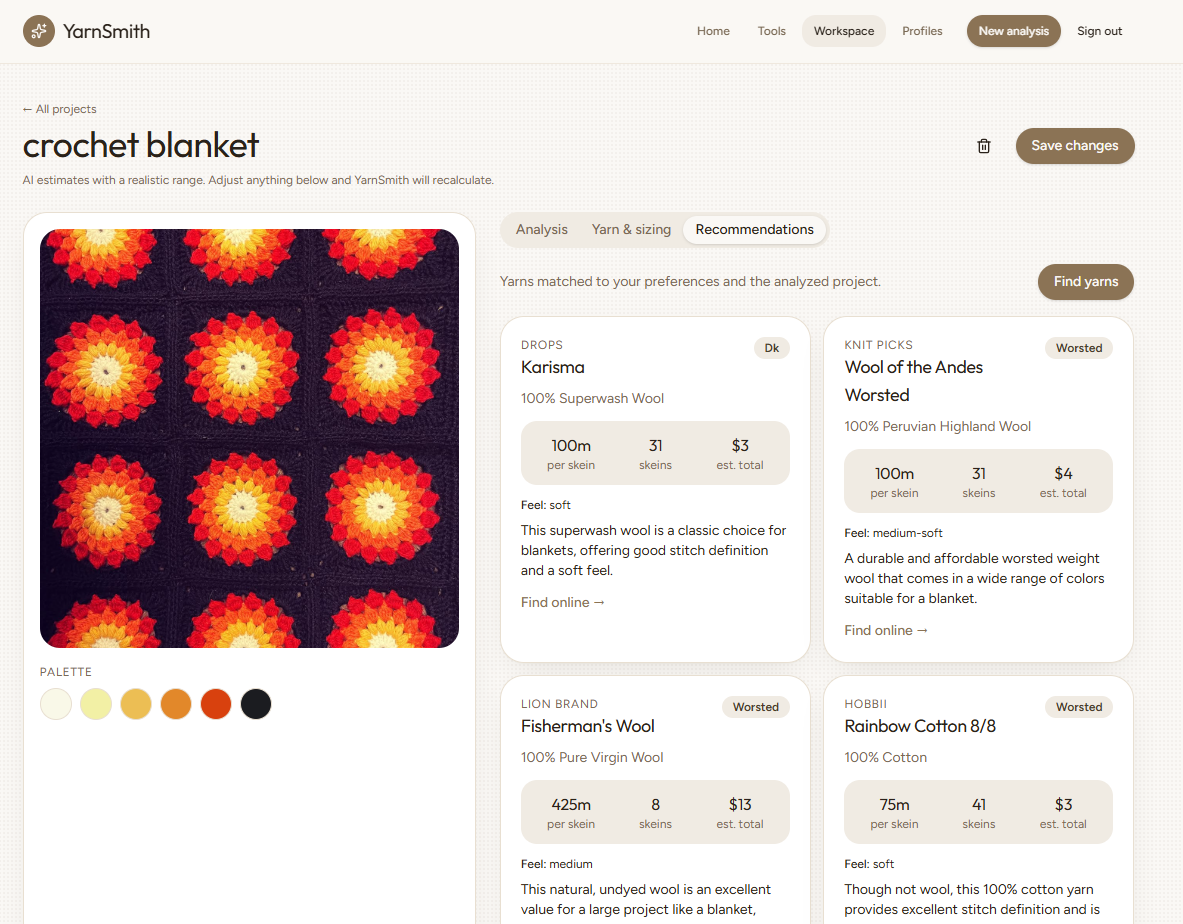 YarnSmith recommendations comparing suitable yarns, fibres, weights, skein lengths, prices and reasons