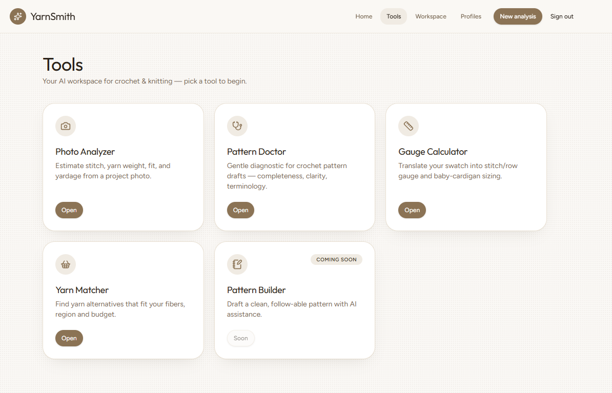 YarnSmith tools page with Photo Analyzer, Pattern Doctor, Gauge Calculator, Yarn Matcher and Pattern Builder