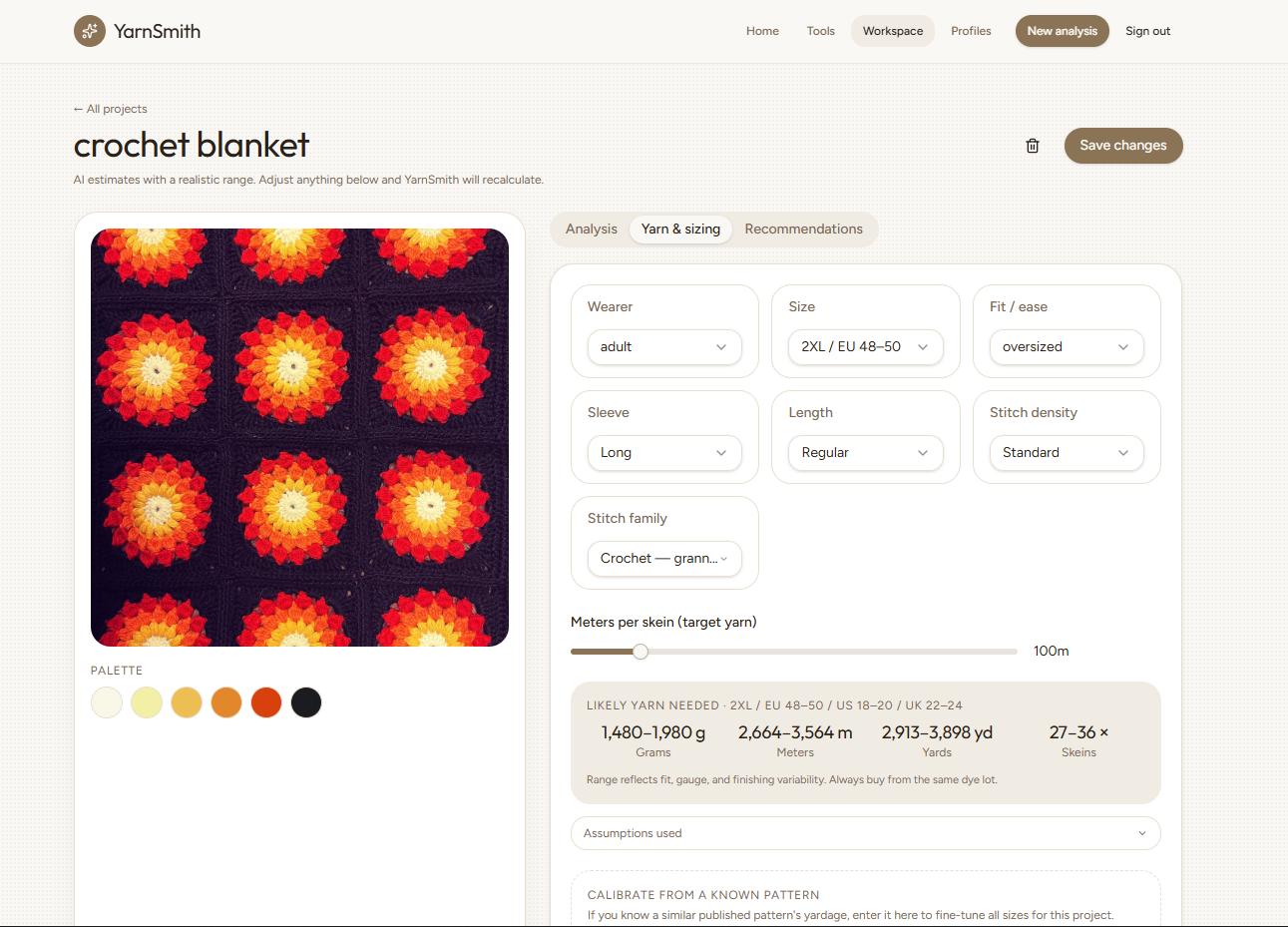 YarnSmith project analysis with an uploaded crochet image, colour palette, editable sizing and estimated yarn range